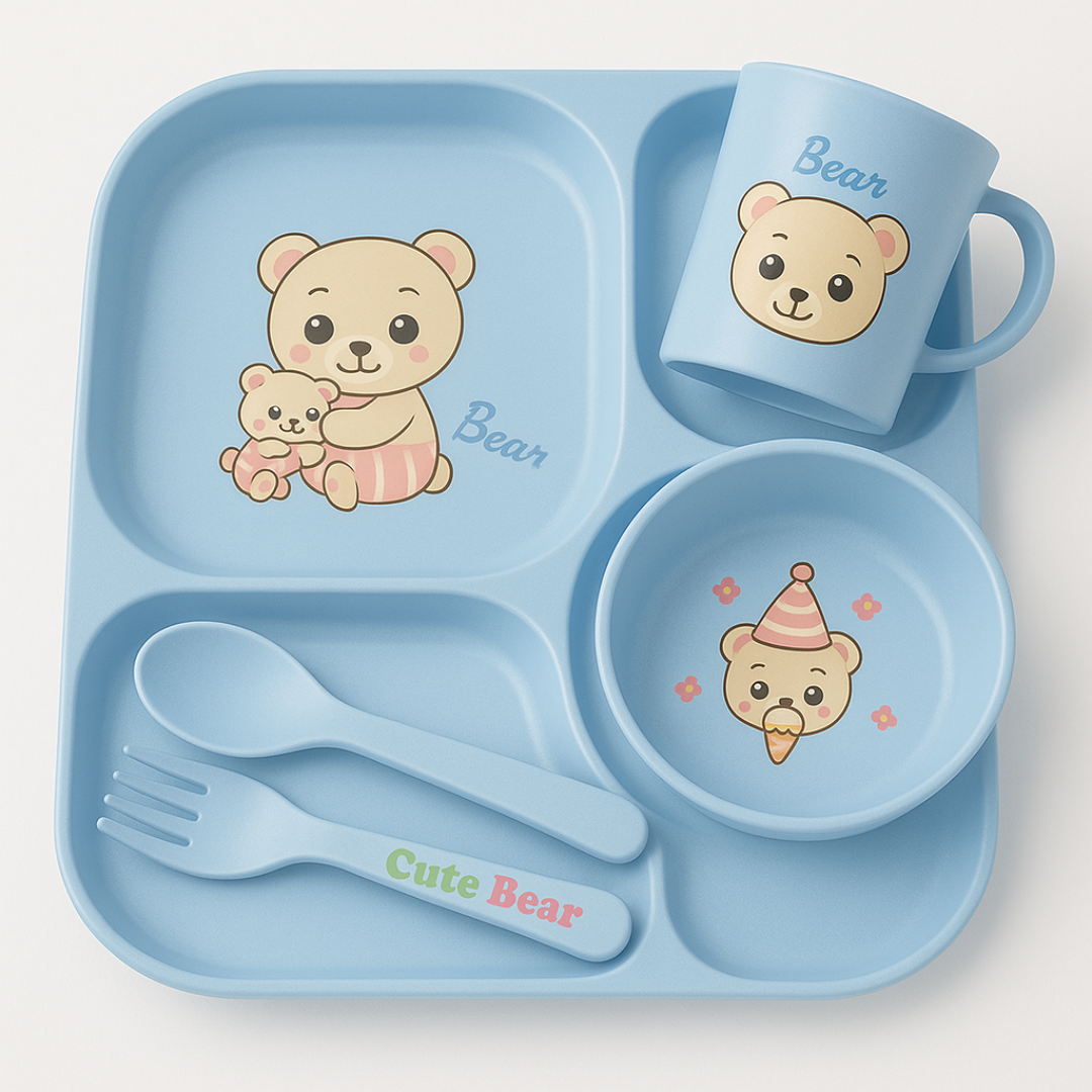 Blue Cute Bear Baby Feeding Set 5 Piece Dinnerware