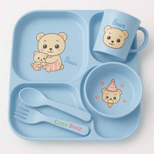 Blue Cute Bear Baby Feeding Set 5 Piece Dinnerware