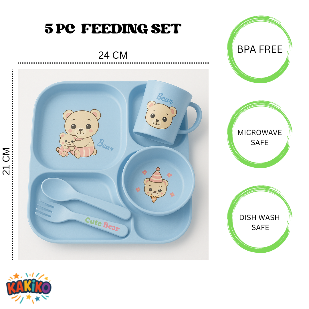 Blue Cute Bear Baby Feeding Set 5 Piece Dinnerware