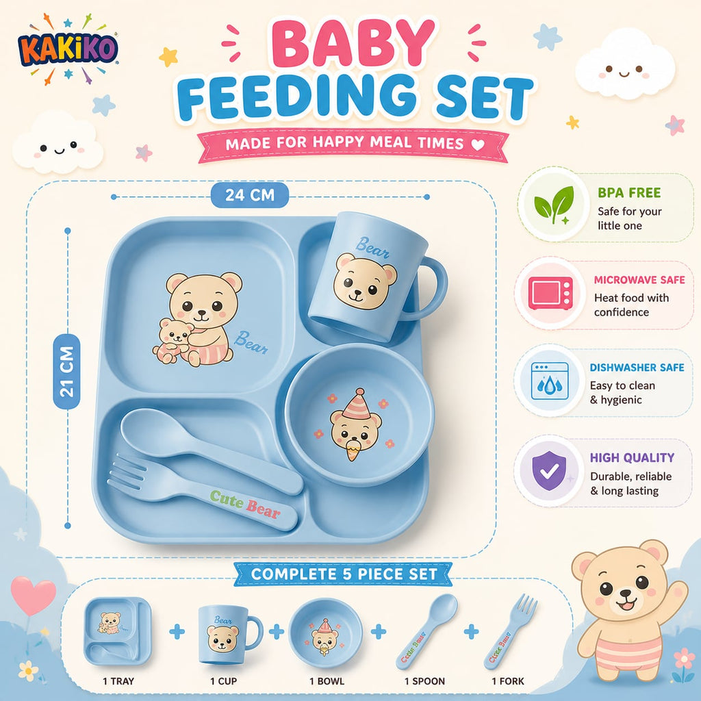Blue Cute Bear Baby Feeding Set 5 Piece Dinnerware