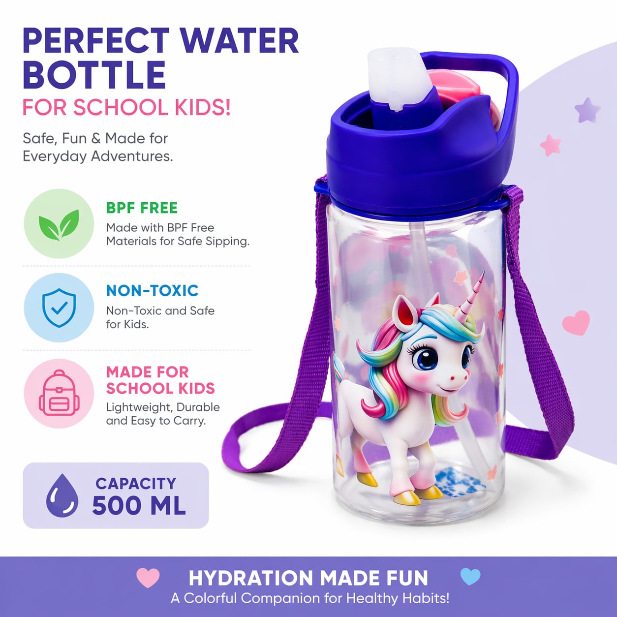 Unicorn Kids Water Bottle 500 ML – BPA Free, Non-Toxic, Leakproof