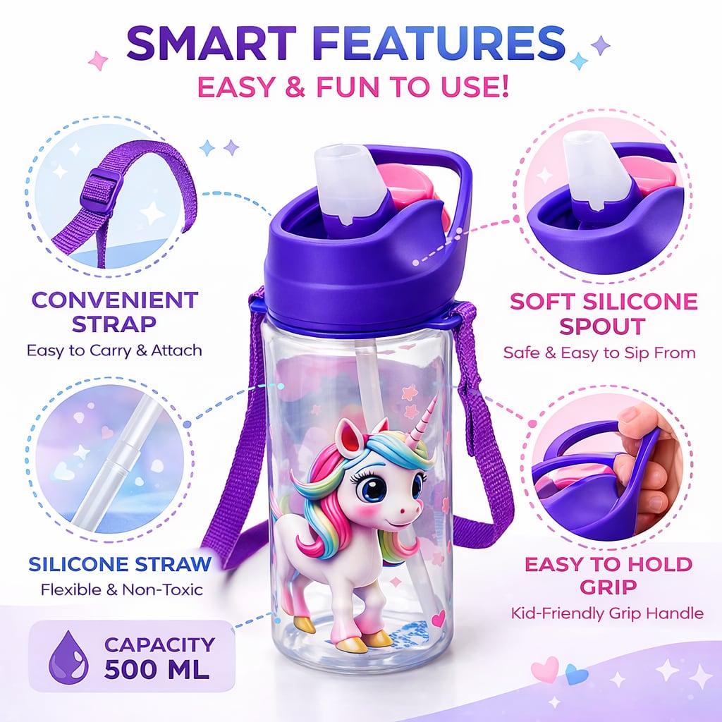 Unicorn Kids Water Bottle 500 ML – BPA Free, Non-Toxic, Leakproof