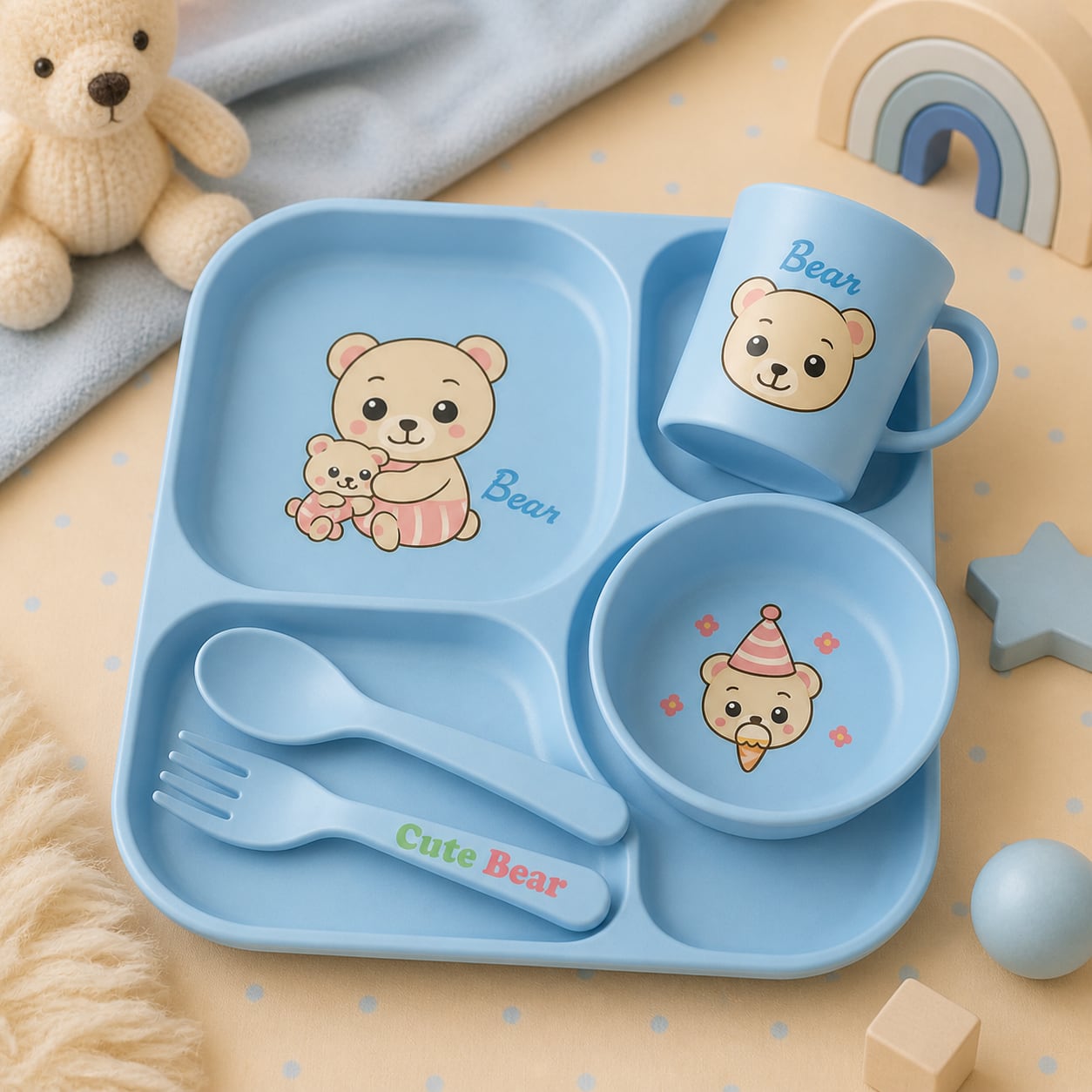 Blue Cute Bear Baby Feeding Set 5 Piece Dinnerware