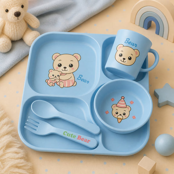 Blue Cute Bear Baby Feeding Set 5 Piece Dinnerware