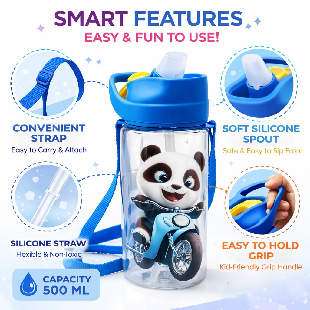 Panda Kids Water Bottle 500 ML – BPA Free, Non-Toxic, Leakproof