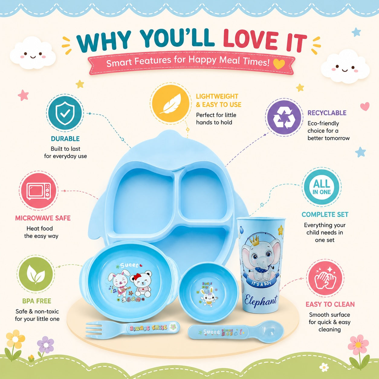 Kakiko 6-Piece Blue Club Baby Feeding Set – BPA-Free