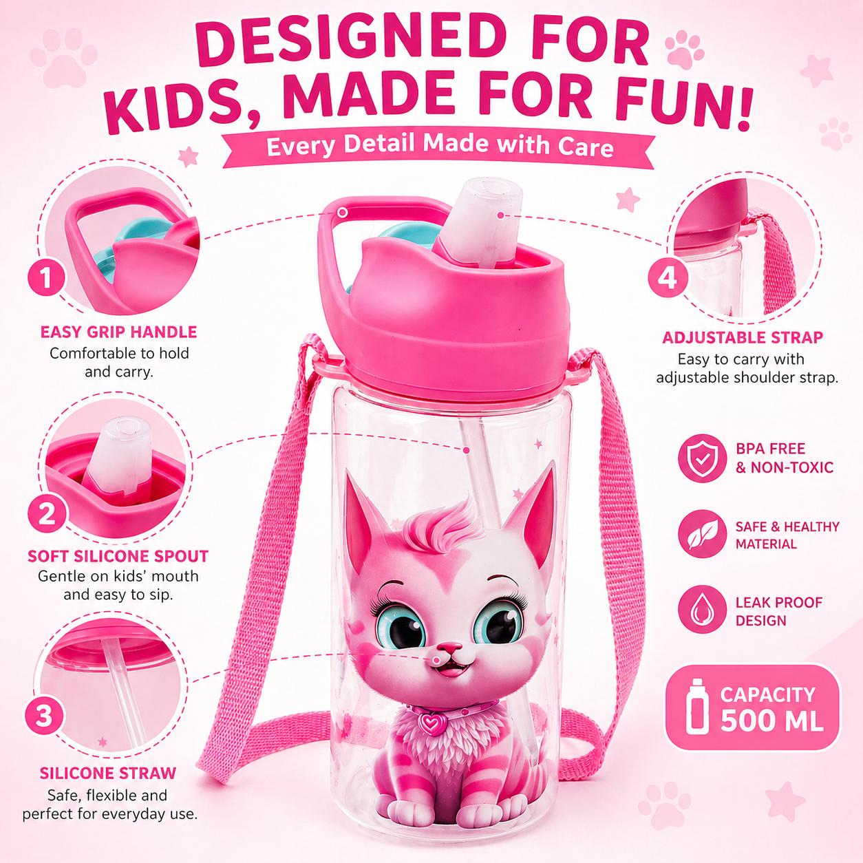 Cute Cat Kids Water Bottle 500 ML – BPA Free